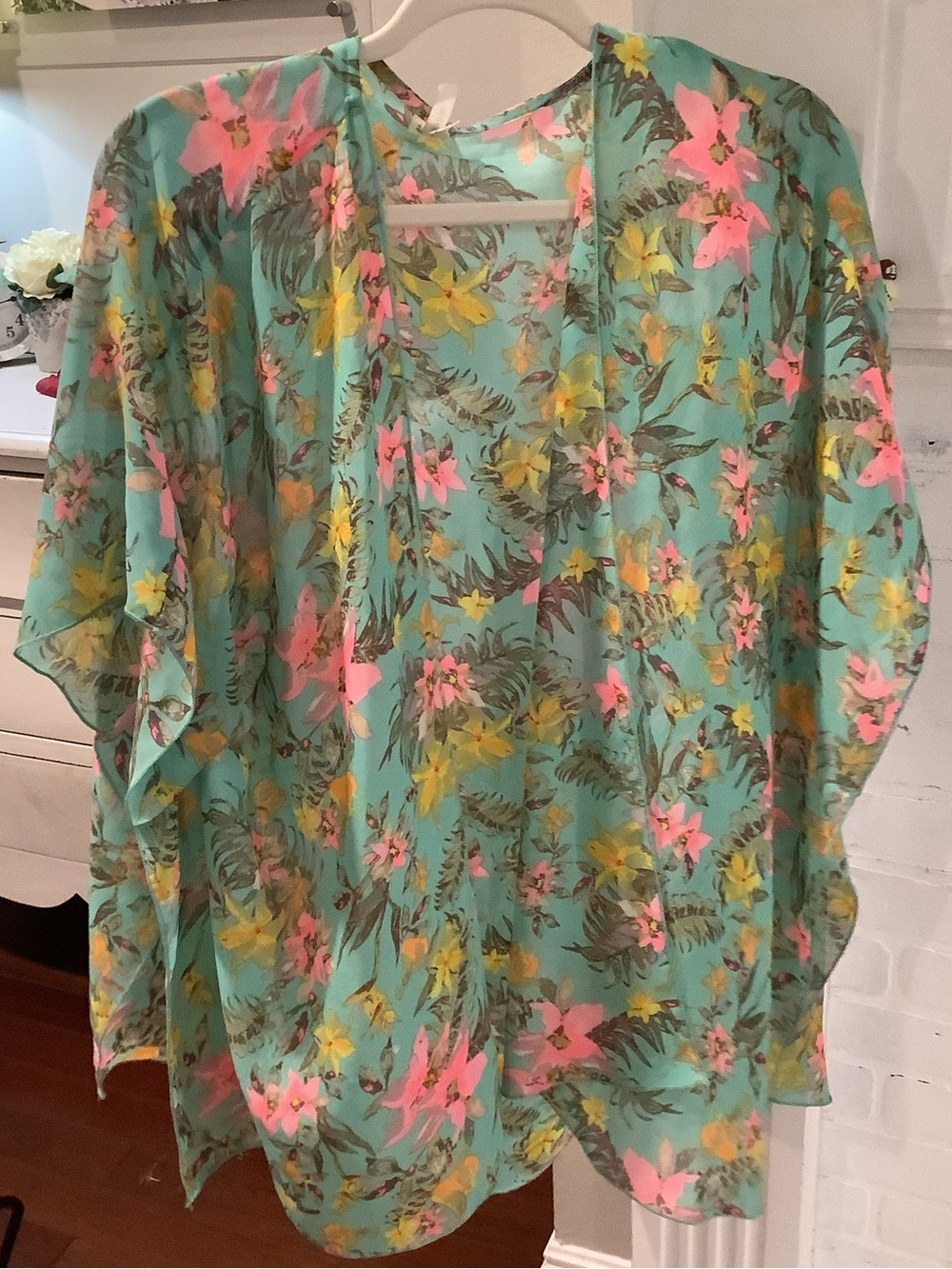 Floral Sheer Kimono Cardigan - Turquoise with Pink & Yellow